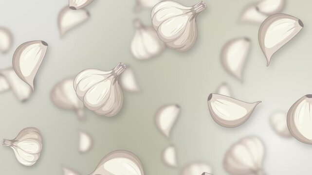 Animated Garlic Bulbs and Cloves Falling Over a Neutral Mesh Background