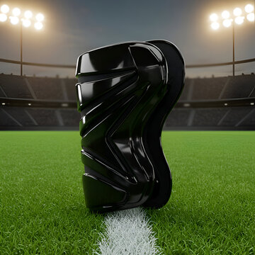 Black protective shin guards on a grassy field in a stadium. Professional athlete gear in a sports setting. Soccer player protective equipment in a stadium -