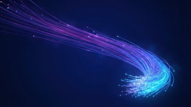 Fiber optic cables transmitting data with glowing light trails