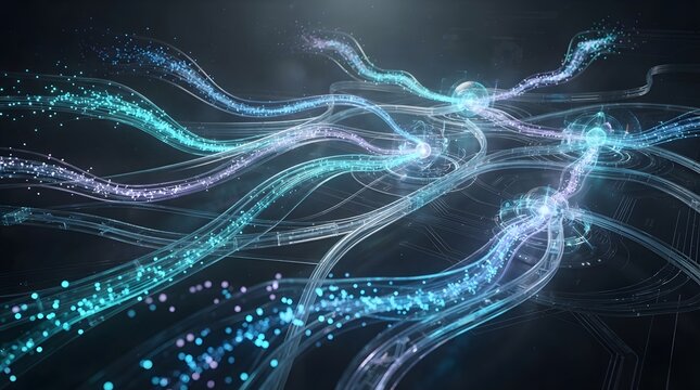 Abstract neural network connections with glowing light trails on a dark background