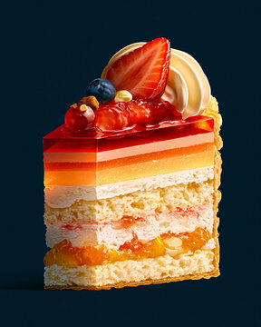 Strawberry layered mousse cake slice on dark background
