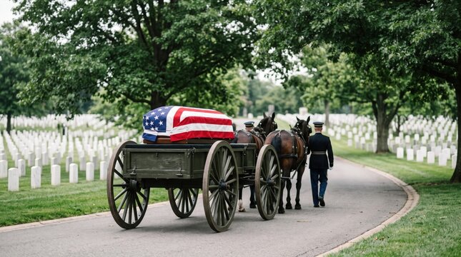 Flag-draped ceremonial casket passing on a caisson through rows of headstones