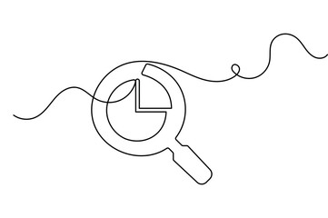 Obraz premium Magnifying glass pie chart continuous line art depicting a magnifying glass focusing on a pie chart. Features an editable stroke vector style.