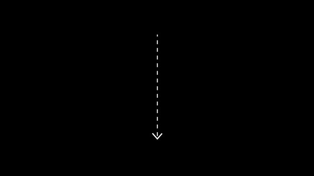 downward  arrow direction icon with dotted line animation ,dot arrows icon sign animated with alpha channel. animated dashed arrow line pointing downward on black background, for ui ux, pointer 