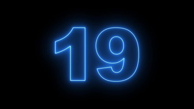 flickering neon number 19 on black background. abstract neon text 19 number countdown timer, glowing neon text number countdown icon background 4k video