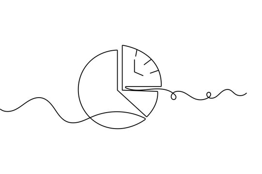 Pie chart clock continuous line art depicting a circular pie chart integrated with clock hands. Features an editable stroke vector design.