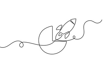 Obraz premium Rocket pie chart continuous line art depicting business launch with editable stroke on white background vector.