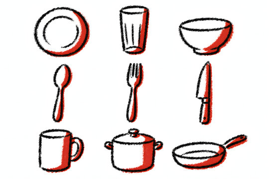 Hand drawn kitchenware icon set with plates and cutlery on white background