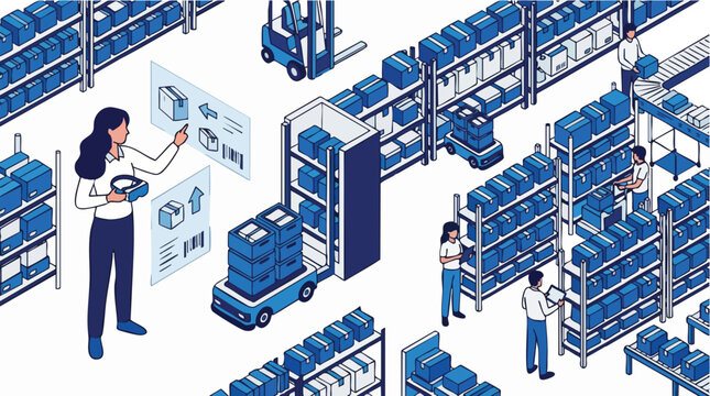 Modern stylized illustration of warehouse automation with digital interface controls, concept for smart logistics, supply chain optimization, and industrial IoT implementation
