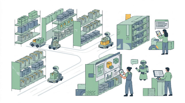 Modern industrial smart warehouse interior with automated robotic systems and human operators, concept for logistics innovation, supply chain management, and smart factory implementation