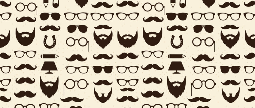 Seamless pattern of hipster mustaches, beards, and eyeglasses on a light vintage background