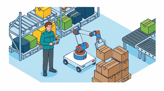 Efficient automated warehouse worker operating high-tech forklift with cargo boxes on conveyor belt, concept for logistics optimization, supply chain management, and smart factory implementation