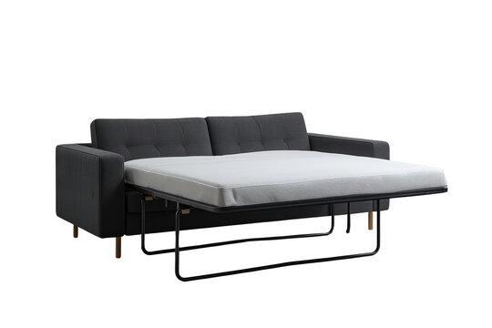 Black sofa bed opened with white mattress
