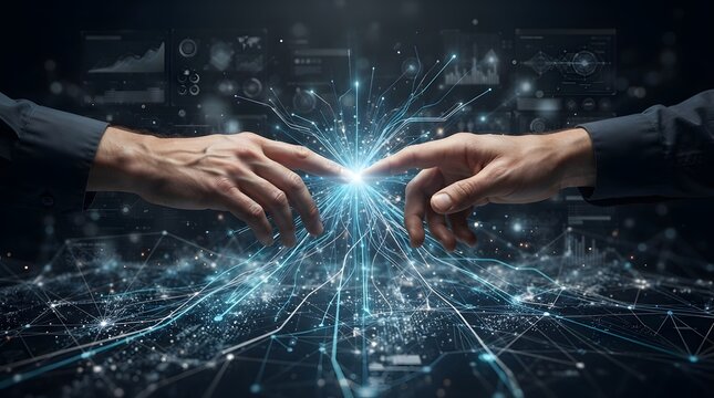 Hands reaching towards glowing digital network connection with data visualization background
