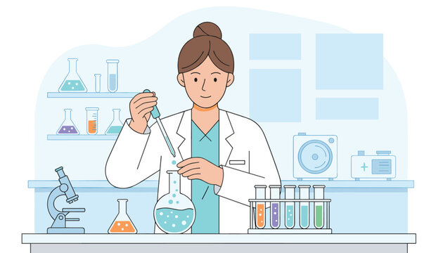 Female scientist in a lab coat carefully using a pipette to drop liquid chemical into a glass flask.