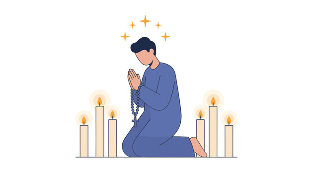 Devoted man kneeling and praying with a rosary surrounded by burning candles under glowing stars against a white background.