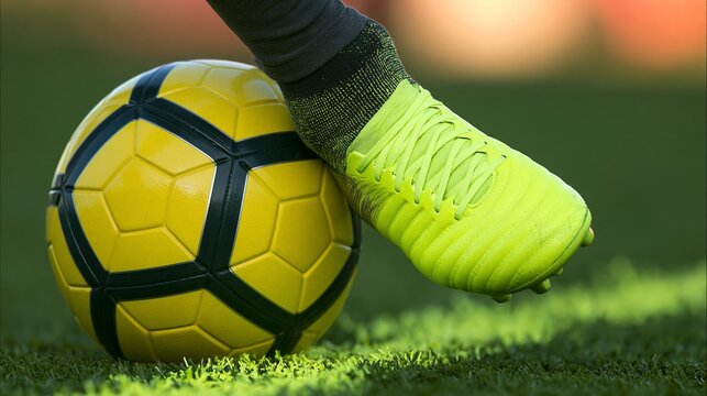 A close-up of a bright yellow soccer ball and a player's foot in action.