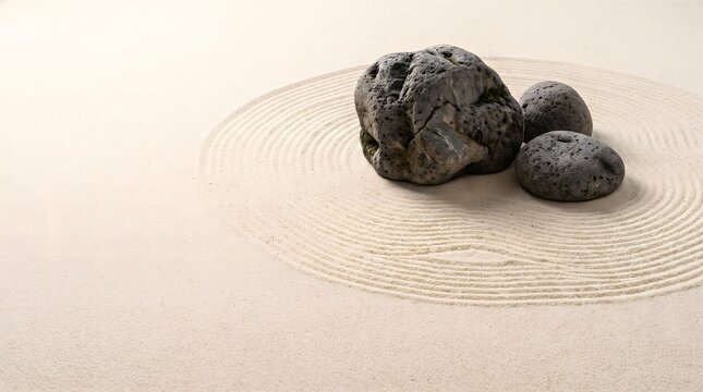 Minimalist Zen stone garden with raked sand circles for meditation and mindfulness background