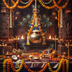 Fototapeta premium Luxury Janmashtami celebration with a traditional brass butter pot, marigold flowers, jasmine garlands, peacock feathers