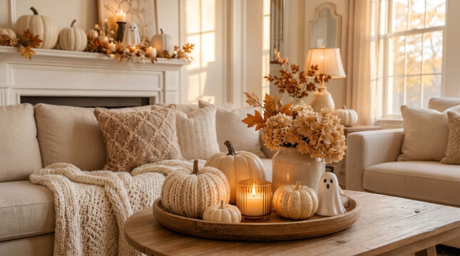 Cozy living room with couches, pumpkins, and candles for autumn holiday decor.