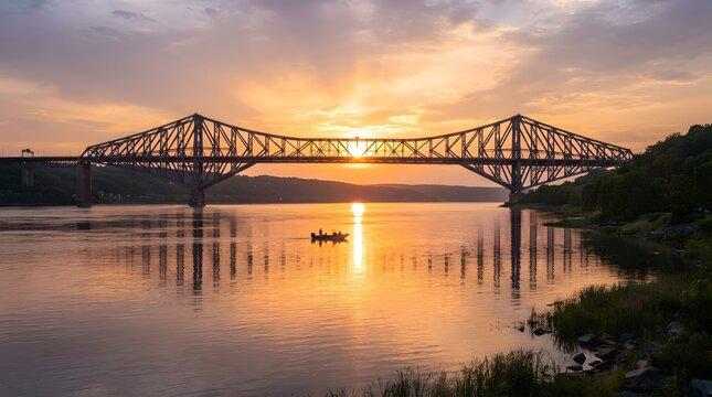 Stunning sunset over the quebec bridge spanning the saint lawrence river with a small boat silhouette in the foreground