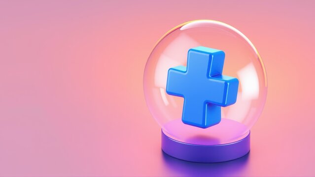 Blue plus symbol inside glass dome. Purple base supports structure. Pink, orange gradient background creates soft lighting. Simple, clean design.