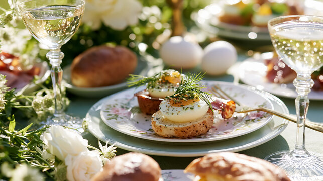 Elegant outdoor brunch setting with gourmet deviled eggs, sparkling wine, and fresh bread for a spring garden party
