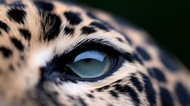 A close-up view of a leopard's eye showcasing its striking patterns and colors.
