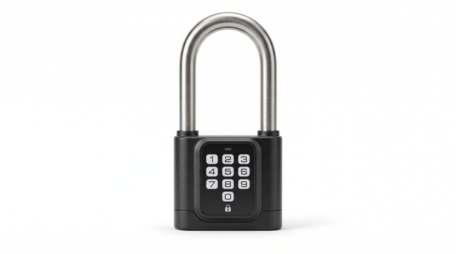 Modern digital padlock with numeric keypad, secure electronic combination lock for property safety, black smart lock hardware isolated PNG with Transparent Background