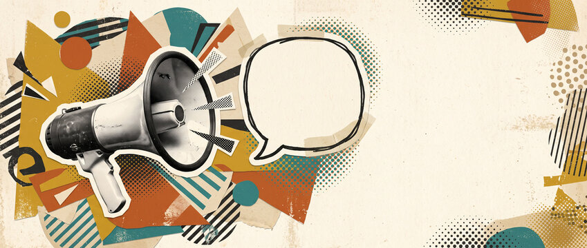 Retro vintage collage banner with megaphone and empty speech bubble surrounded by abstract geometric shapes and halftone patterns with empty copy space for text