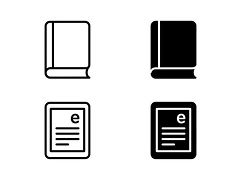 Book and electronic reader outline and solid icons set with electronic