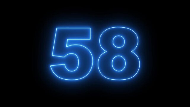 flickering neon number 58 on black background. abstract neon text 58 number countdown timer, glowing neon text number countdown icon background 4k video