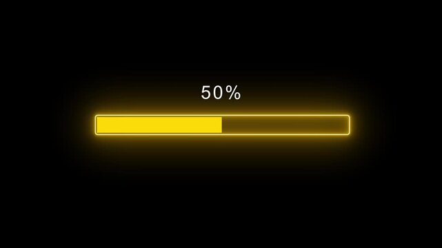 Glowing loading bar on black background showing 0 to 100 percent progress with loading animation.