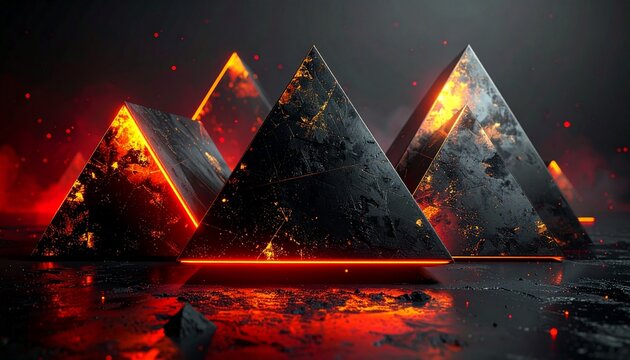 Dark Futuristic Pyramids with Fiery Glow Reflecting on Wet Surface