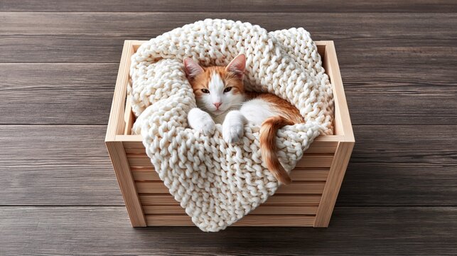 A cozy cat resting in a wooden box, covered with a soft knit blanket.