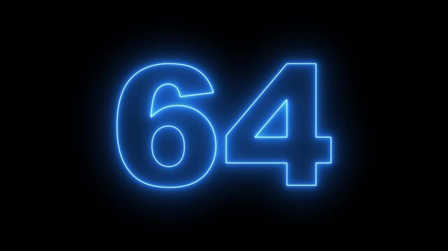 flickering neon number 64 on black background. abstract neon text 64 number countdown timer, glowing neon text number countdown icon background 4k video