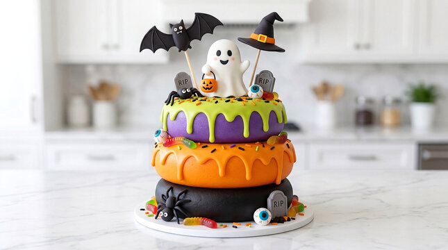 Spooky halloween cake with ghost bat witch hat and spider decorations for party.