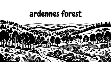 Obraz premium ardennes forest with dense deciduous woodland, rolling hills, winding paths, misty European countryside, historic natural landscape, detailed vector illustration for travel tourism and nature designs