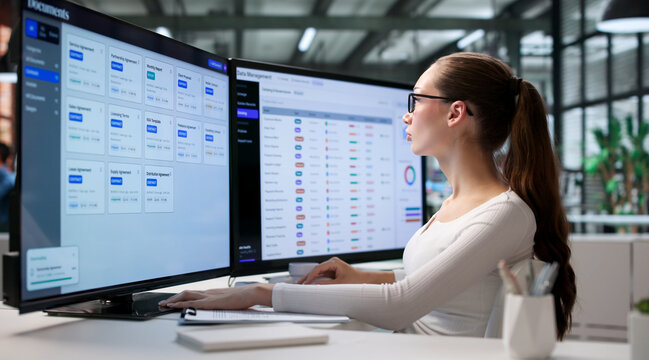 Young Woman Uses Computer Software