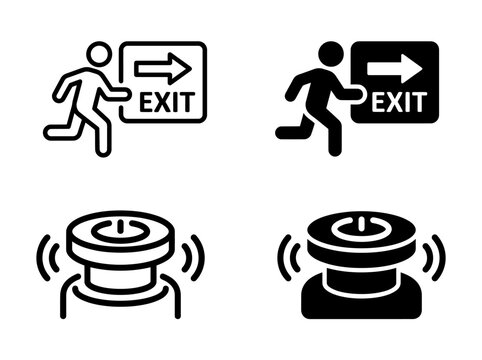 Exit sign and emergency alert button iconography set with emergency