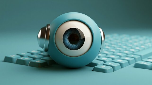 A futuristic blue eye design on a keyboard, symbolizing innovation and technology.
