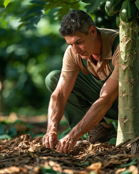 Farmer Checking a Mulch Gap Around a Papaya Tree