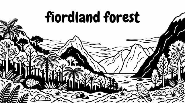 fiordland forest with dense temperate trees, moss covered ground, rugged mountains, misty valleys, dramatic New Zealand wilderness, famous natural landscape, detailed vector illustration for travel