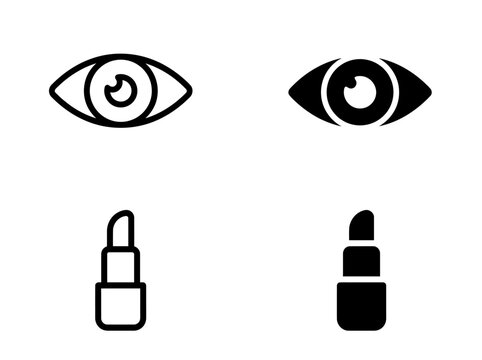 Set of eye and lipstick makeup icons in outline and solid styles