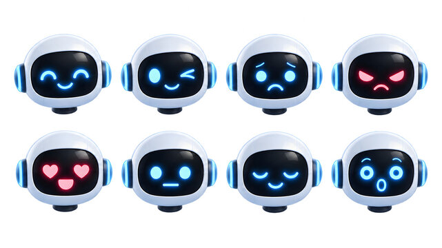 White 3D AI robot head icons display various facial expressions and LED screen emotions on white. Cute chatbot avatars represent digital interaction states. Vector emoji set.