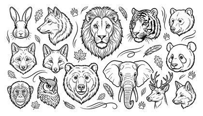 Obraz premium Collection of animal head illustrations features a lion elephant and bear in black and white
