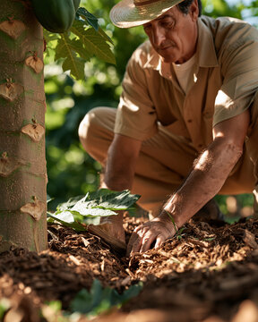 Farmer Checking a Mulch Gap Around a Papaya Tree