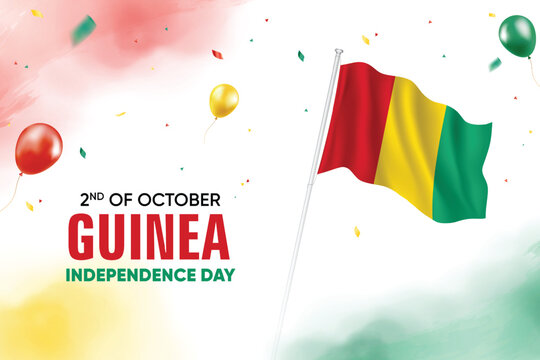 Guinea Independence Day. Guinea Flag Waving With Floating Balloons On Watercolor Grunge Backgorund Design Vector Illustration.