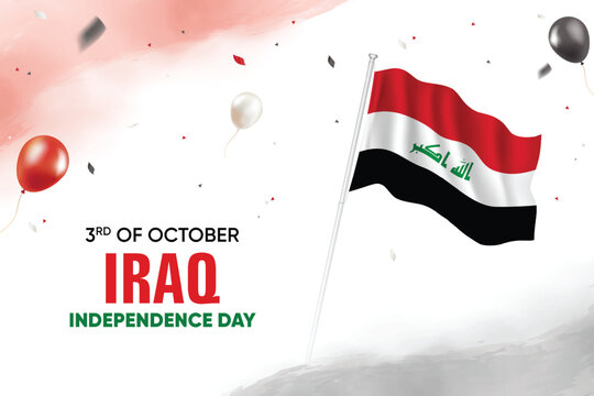 Iraq Independence Day. Iraq Flag Waving With Floating Balloons On Watercolor Grunge Backgorund Design Vector Illustration.
