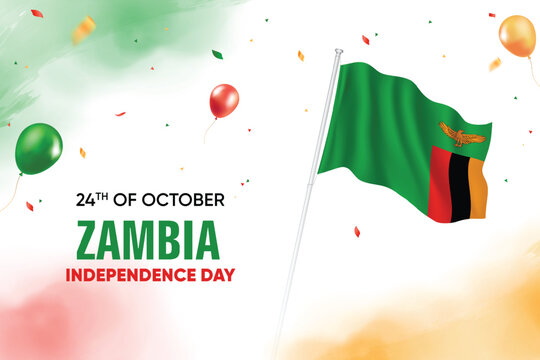 Zambia Independence Day. Zambia Flag Waving With Floating Balloons On Watercolor Grunge Backgorund Design Vector Illustration.